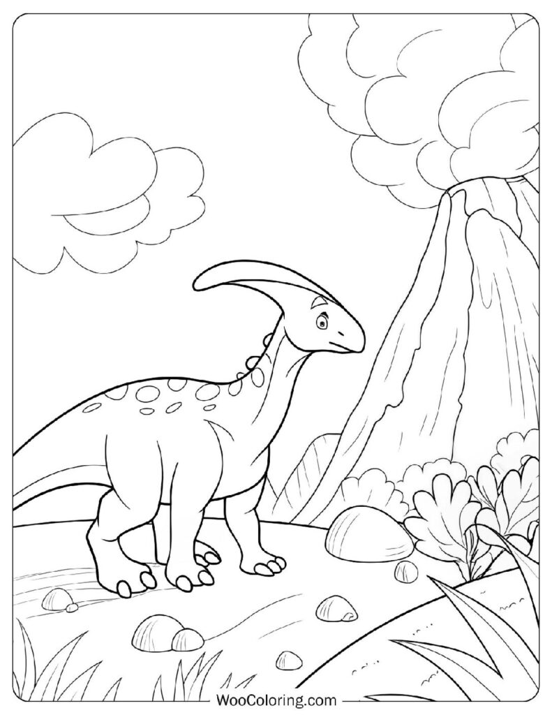 Parasaurolophus and a Volcano Scene