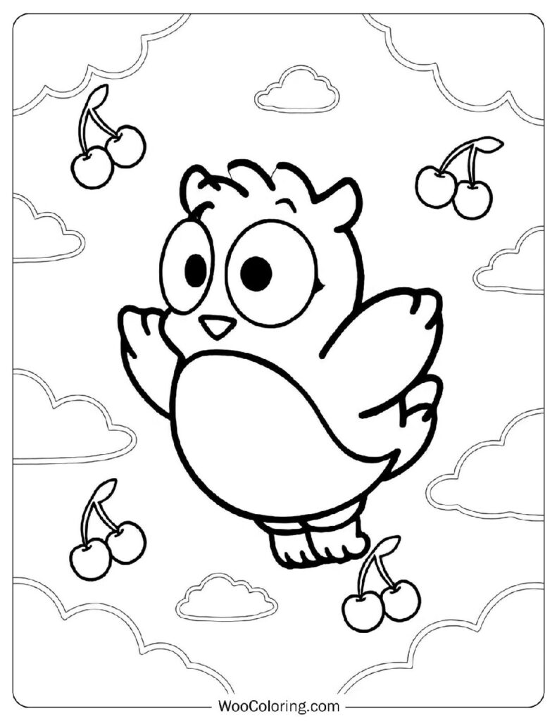 PataPataPeppy Coloring Page cheerful Sanrio owl flying among clouds and cherries