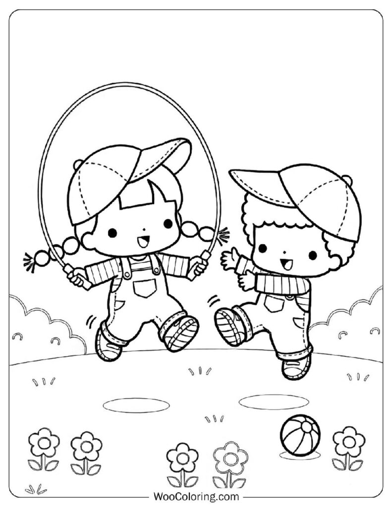 Patty and Jimmy Sanrio friends skipping rope together in a sunny field
