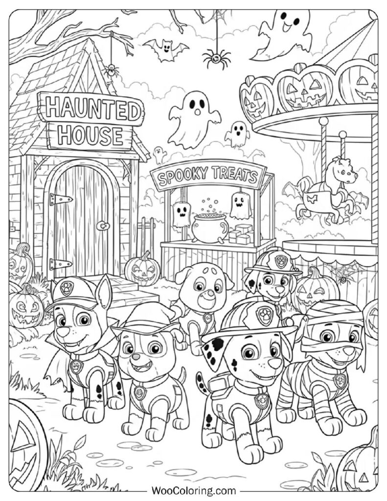 Paw Patrol Pups on Halloween coloring page