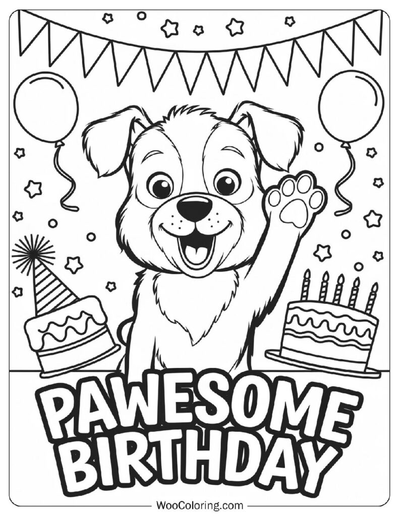 Pawsome Birthday Party With Cute Puppy Coloring Page