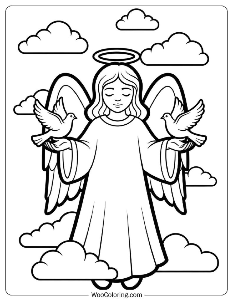 Peaceful Easter Angel with Doves and Clouds
