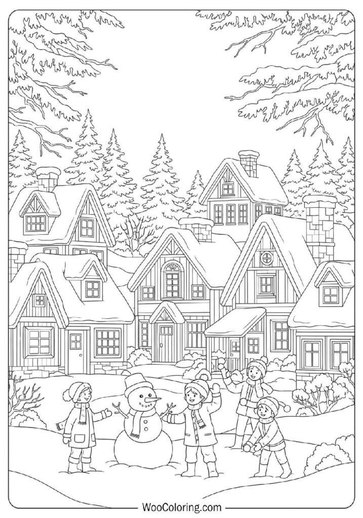 Peaceful Winter Wonderland Town Scene Coloring Page for Kids