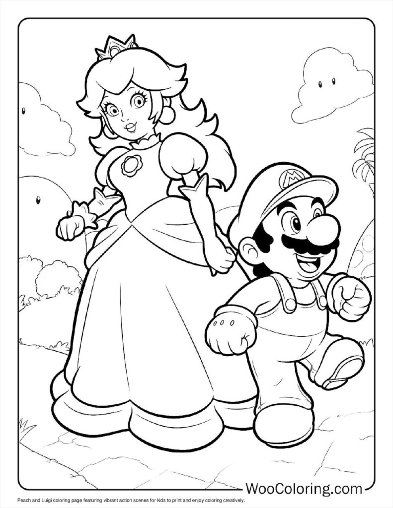 Peach & Luigi in Action Coloring Page For Kids