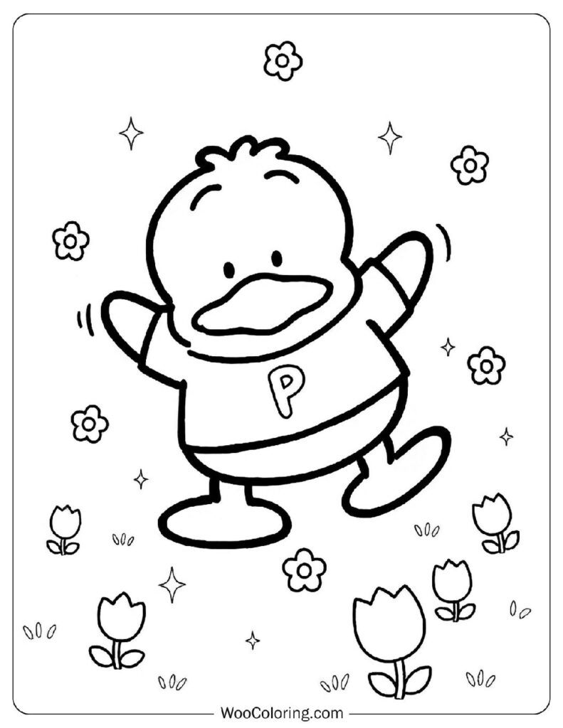 Pekkle Coloring Picture cheerful Sanrio duck dancing happily under the warm sun