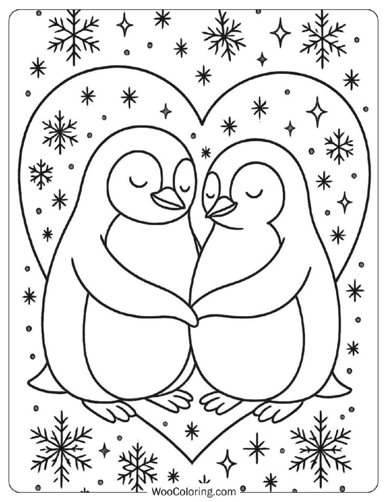 Penguin Pair in Heart with Snowflakes