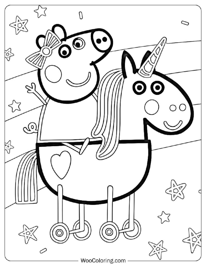 Peppa Pig Riding A Cute Unicorn With Stars And Rainbows