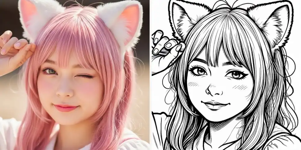 Photo of a girl with cat ears transformed into manga style