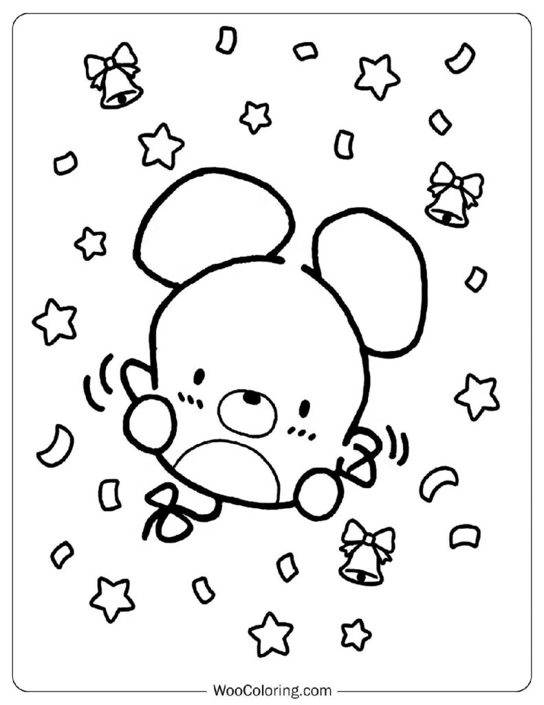 Picke Bicke Sanrio cheerful mouse surrounded by bells and falling confetti