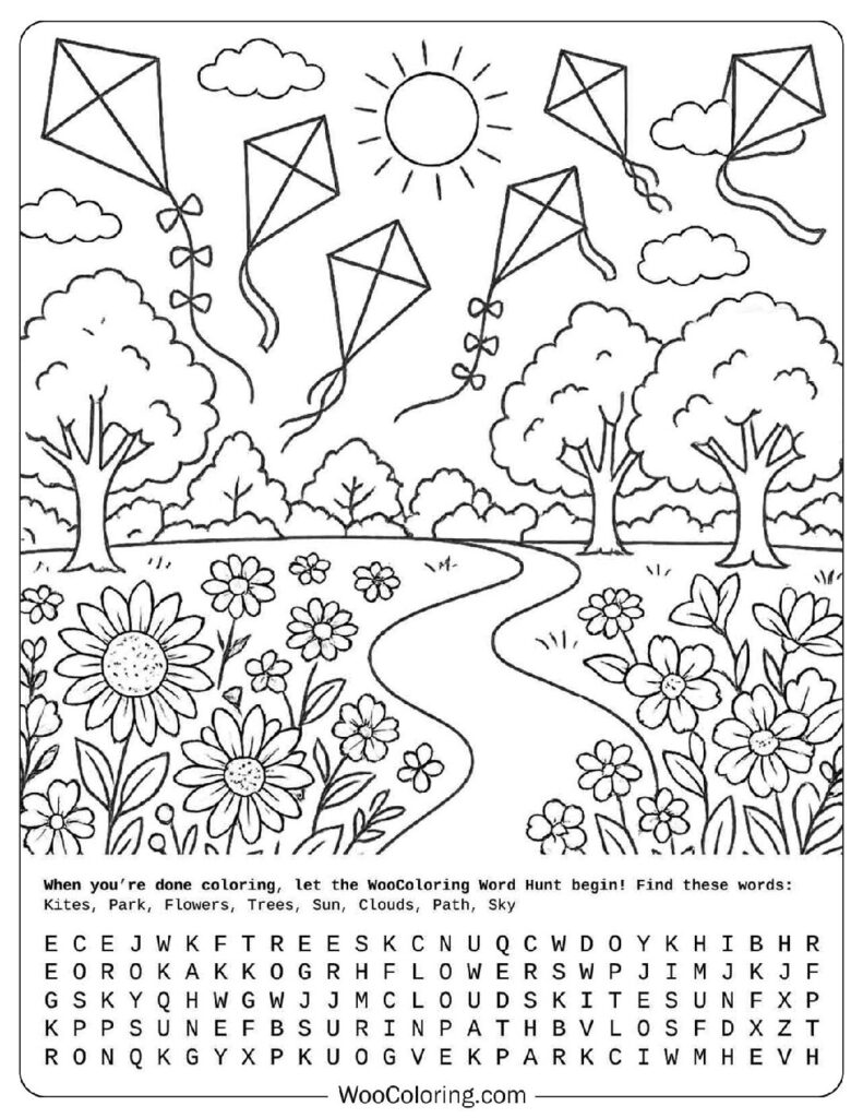 Kites flying in sunny sky above trees and blooming flowers along path in summer coloring page
