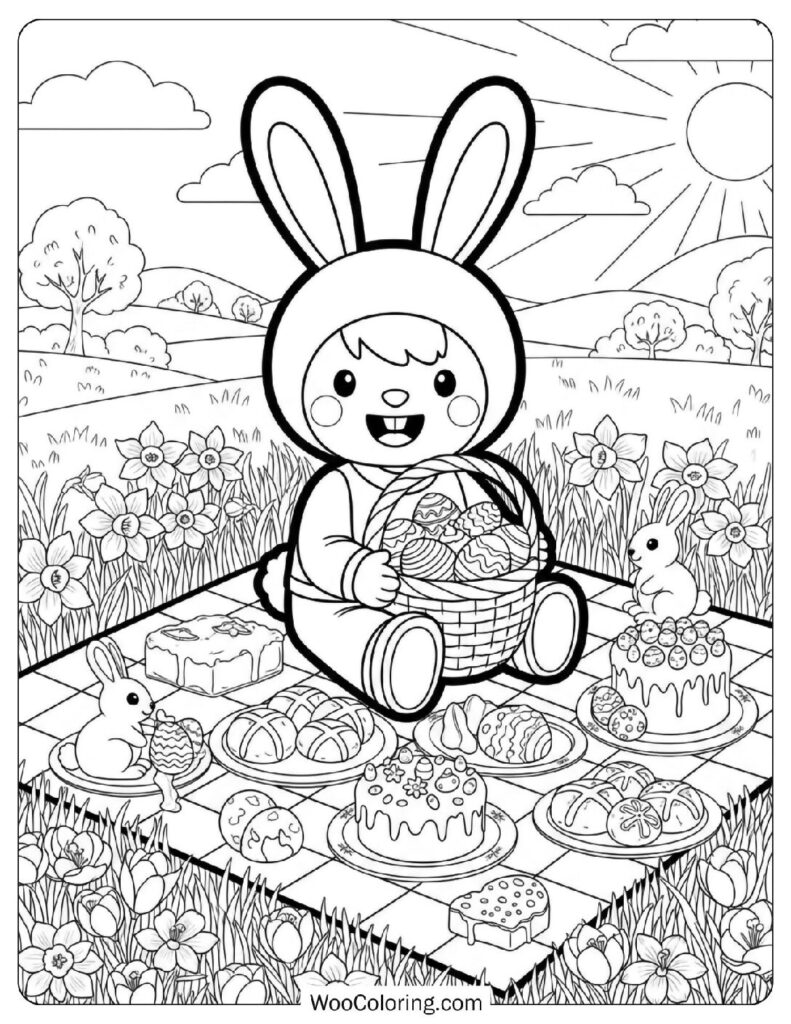 Picnic Scene with Easter Treats and Flowers