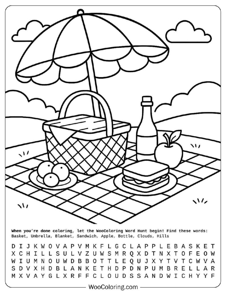 Summer coloring page of picnic setup with basket, umbrella, sandwich, fruit and bottle on blanket