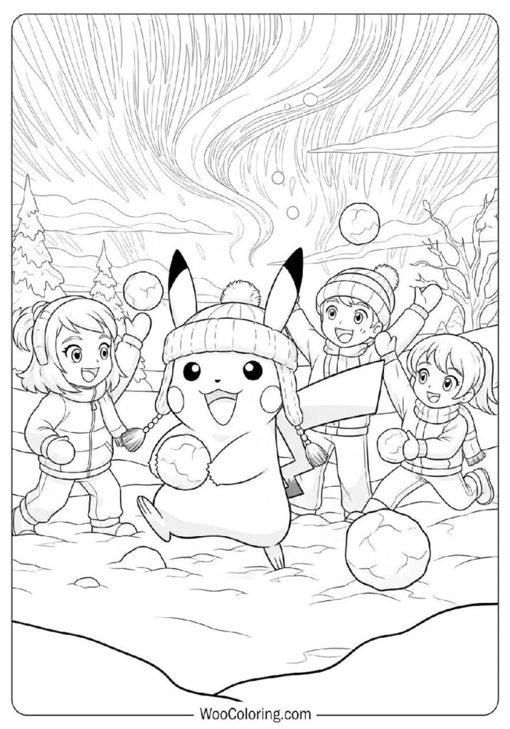 Pikachu Wearing a Fluffy Hat Throwing Snowballs With Kids Under a Sky Full of Northern Lights