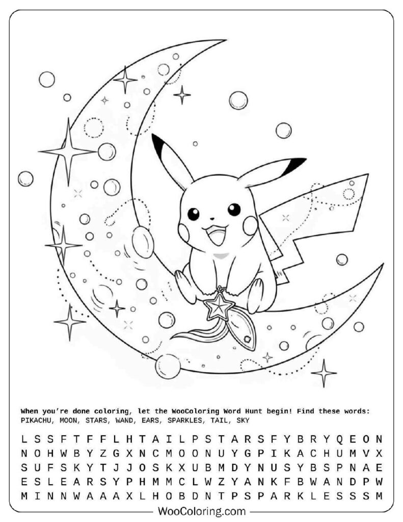 Pikachu on Moon Coloring Page for Kids