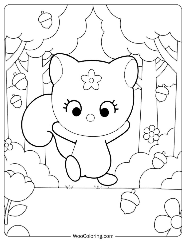 Pink no Corisu Coloring Sheet for Kids cheerful Sanrio squirrel exploring a pastel forest