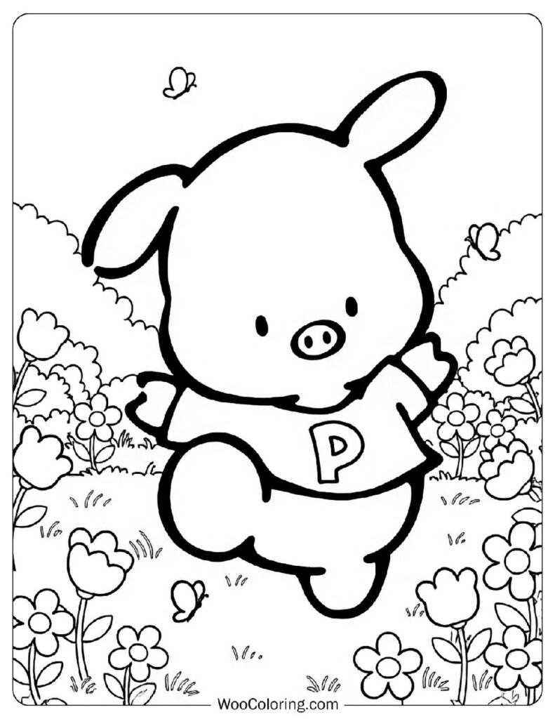 Pippo Coloring Page for Preschoolers Sanrio pink pig dancing in a meadow full of flowers