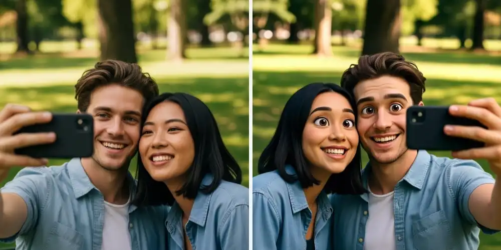 Couple taking a selfie in the park transformed into Pixar style