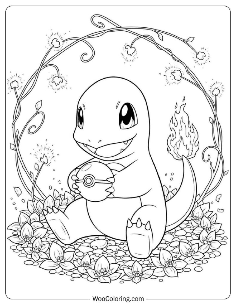 Playful Charmander with Pokéball Coloring Sheet for Kids