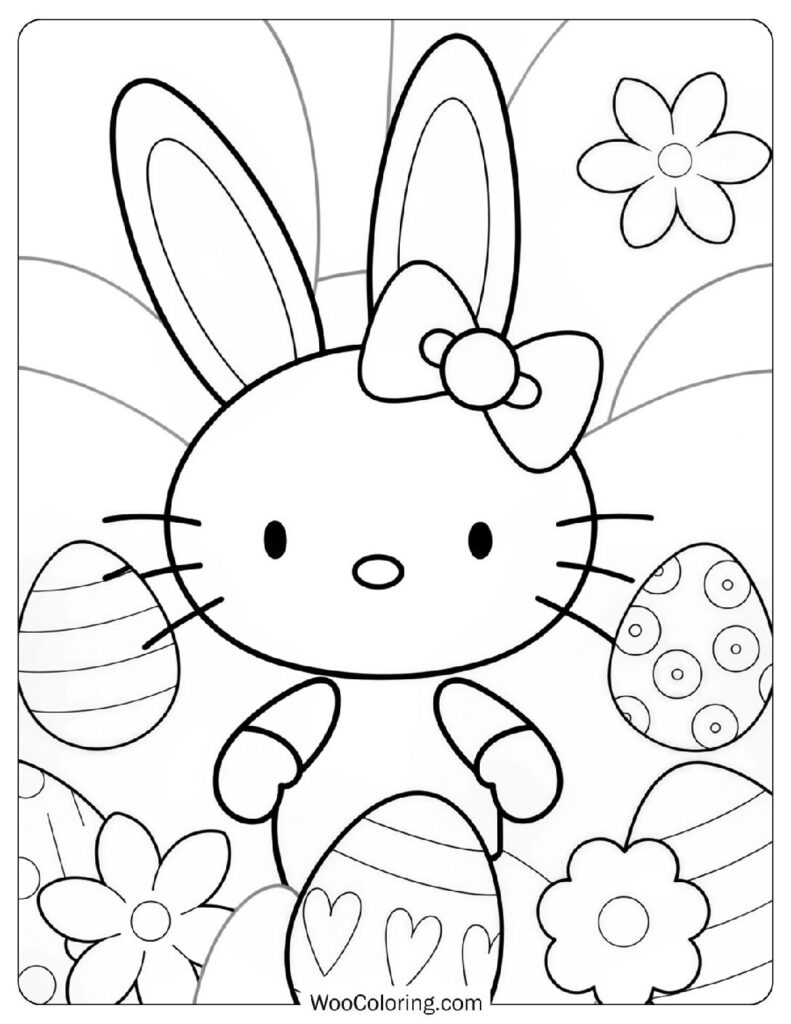 Playful Cute Hello Kitty Wearing Bunny Ears Sheet To Color