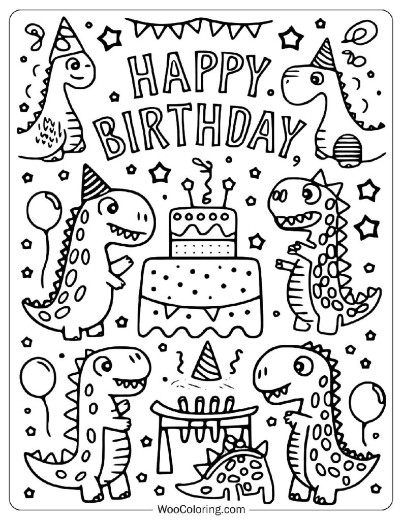 Playful Dinosaur Happy Birthday Scene With Balloons And Party Hats To Color