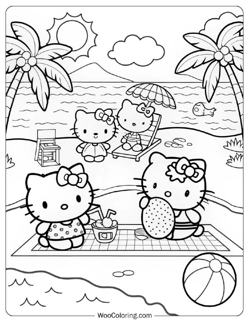 Playful Hello Kitty Playing In The Pool With Friends To Color