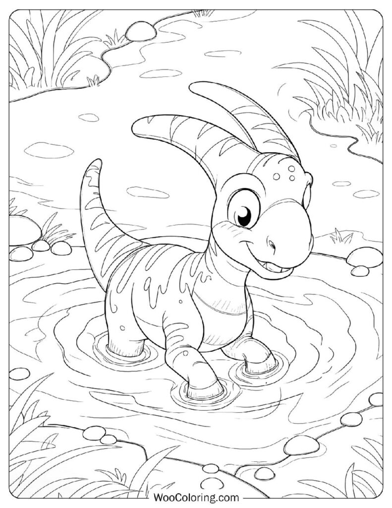 Playful Parasaurolophus in a Mud Pool Coloring Page For Preschoolers