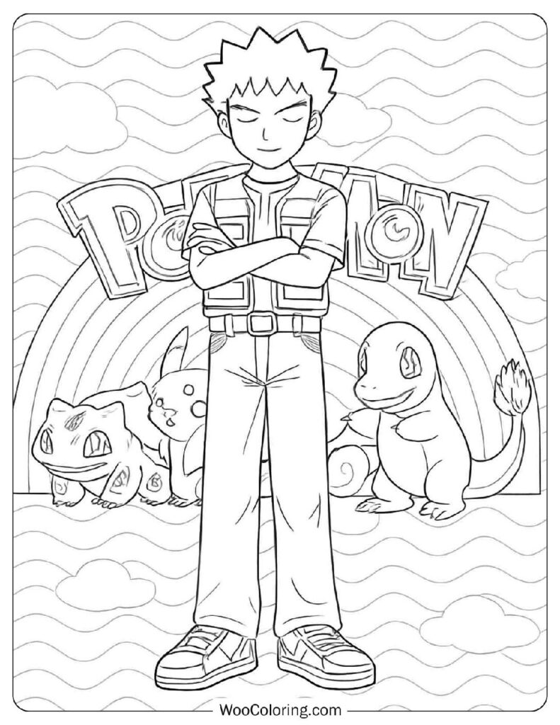 Pokémon Trainer Brock with Bulbasaur, Charmander, Squirtle and Pikachu