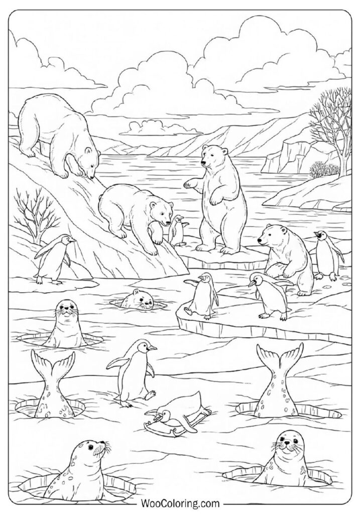 Polar Bears, Penguins, and Seals Playing in the Snow Near the Frozen Sea