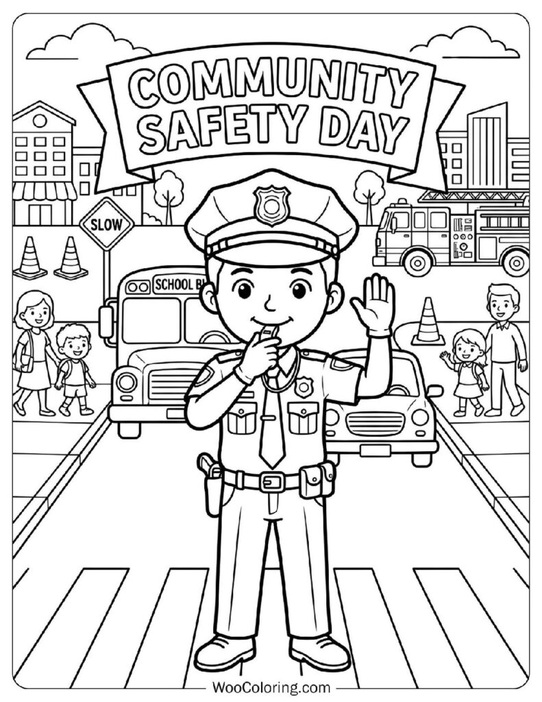 Police Officer Directing Traffic for Community Safety Coloring Page