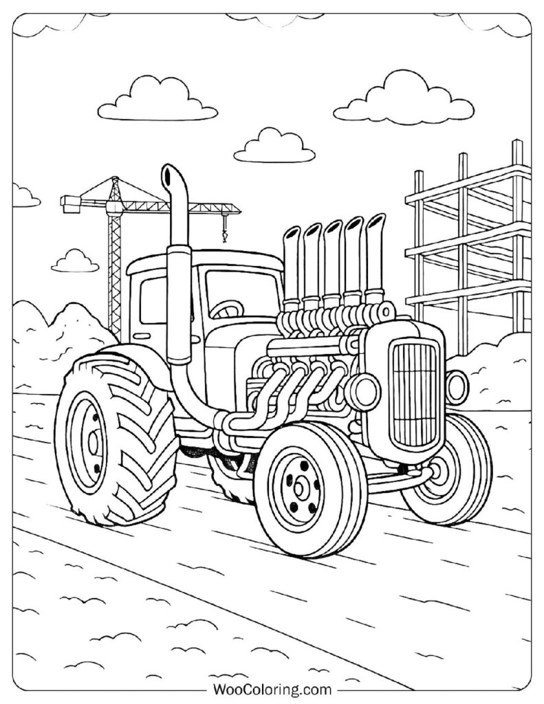 Powerful Tractor Hot Rod At Construction Site Coloring Sheet