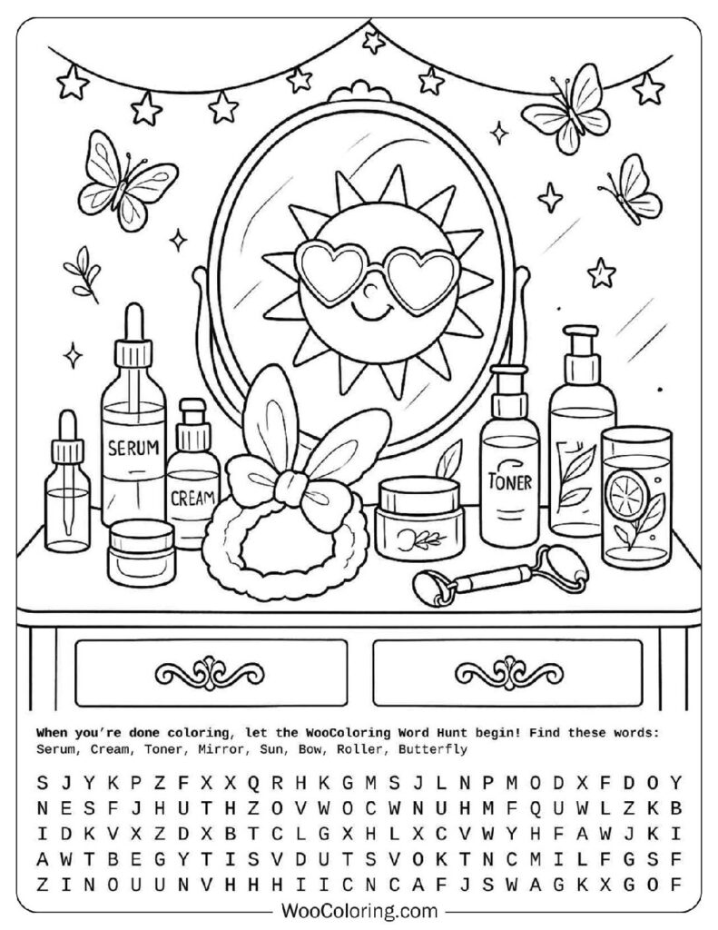 Preppy Skincare Vanity with Magical Mirror and Sun Coloring Sheet