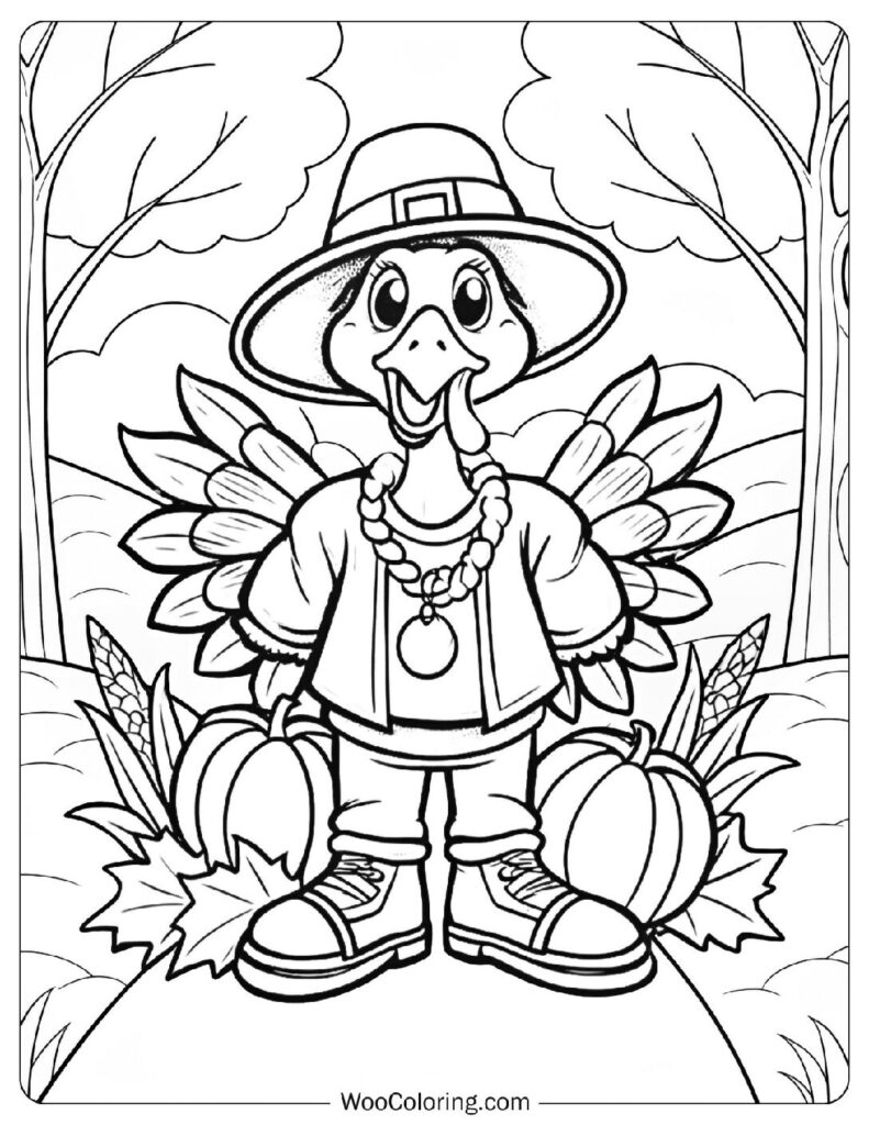 Preschool Thanksgiving Turkey Coloring Sheet with Pilgrim Hat in Fall Setting