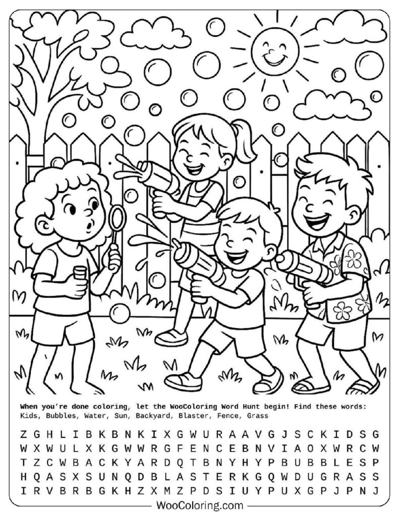 Summer coloring page of preschoolers blowing bubbles and spraying water in backyard