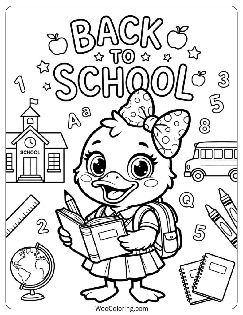 Pretty Duck with Bow and Back to School Text for Kids