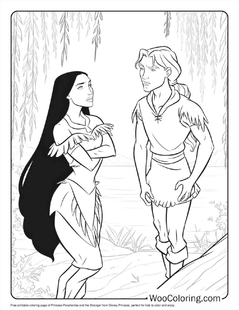 Princess Pocahontas and the Stranger Coloring Page For Kids