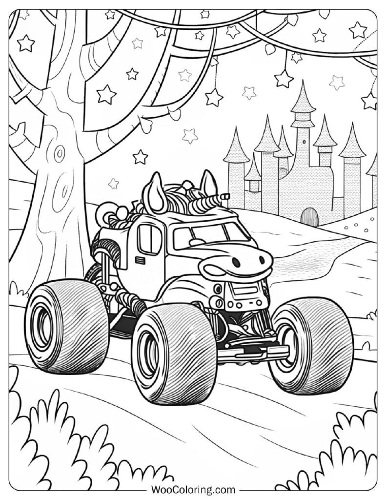 Princess Unicorn Monster Truck with Glitter Wheels and a Magical Horn in a Fantasy-Themed Arena Coloring Picture