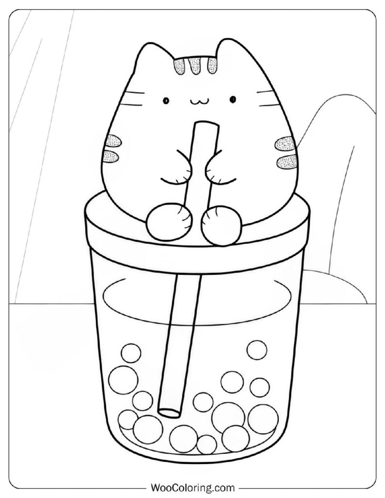 Pusheen Drinking Boba Tea in a Covered Cup Cozy Coloring Sheet for Kids