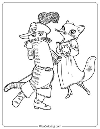 Puss in Boots and Dulcinea Outline Coloring Page