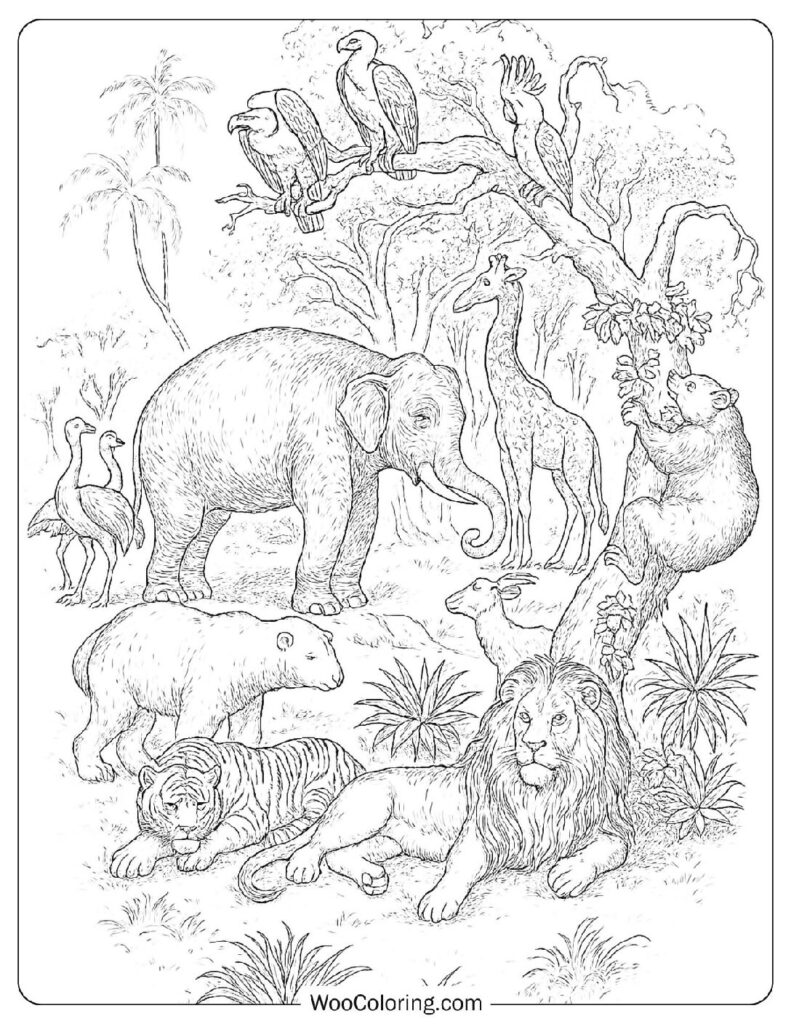 Realistic African Jungle Wild Animals Coloring Sheet