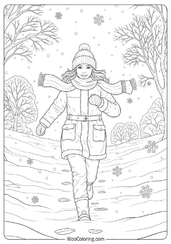 Realistic Girl Running Through Snow on a Bright and Breezy Winter Morning Coloring Picture
