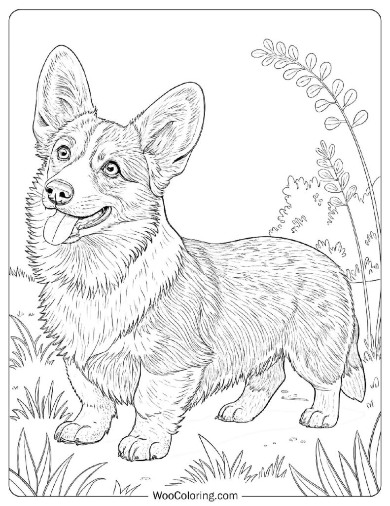 Realistic and Charming Pembroke Welsh Corgi Lying on the Grass Coloring Sheet for All Ages