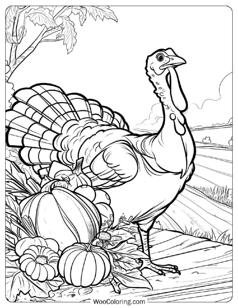 Realistic Turkey Coloring Picture With Autumn Pumpkin Field Scene