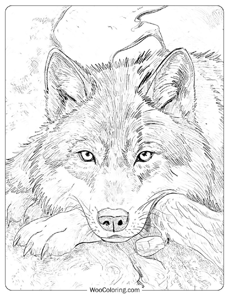 Realistic Wild Wolf Close Up Portrait Coloring Page For Adults