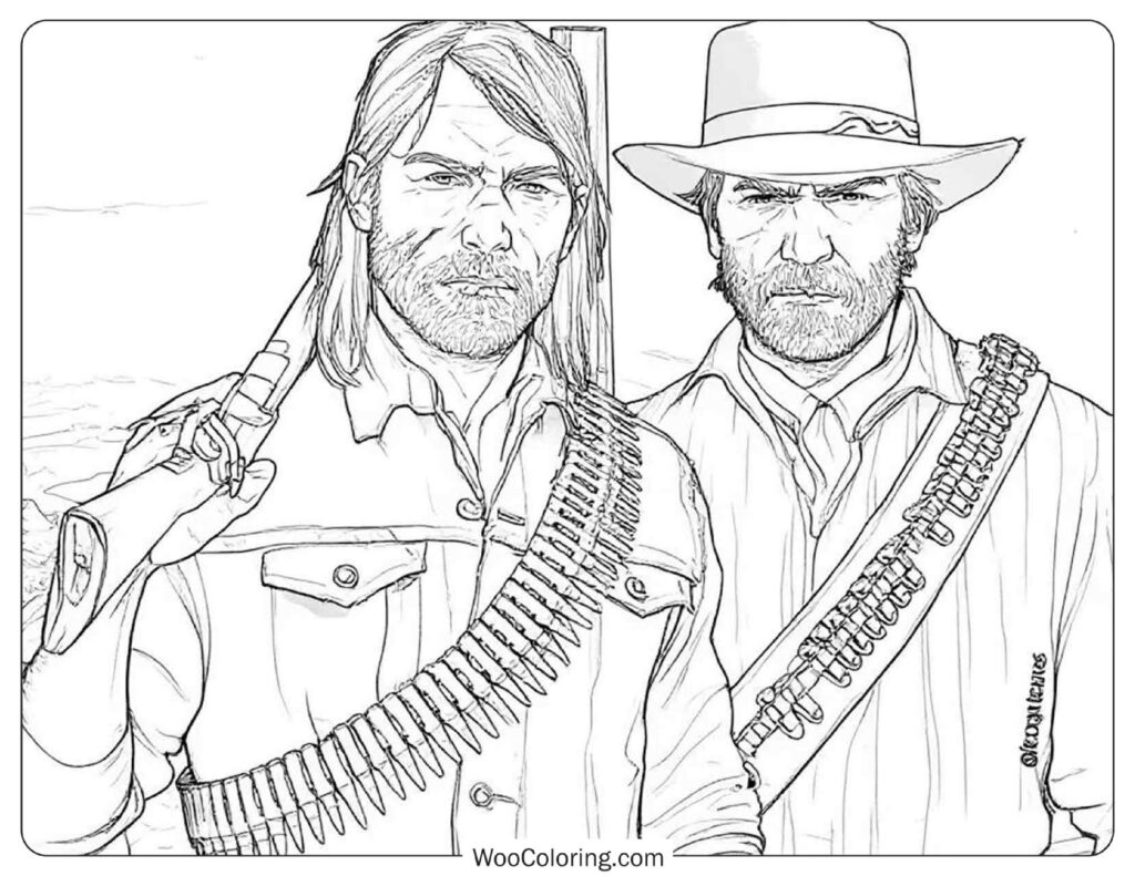 Red Dead Redemption Outlaws with Rifles and Ammo Belts Coloring Page