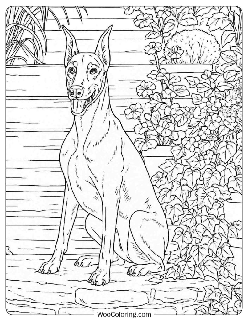 Confident Doberman Pinscher Walking Gracefully Through a Beautiful Garden