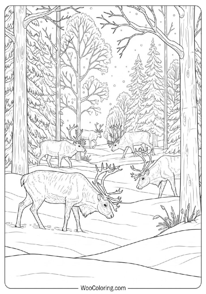 Reindeer Wandering Calmly Through a Peaceful Snow-Covered Forest