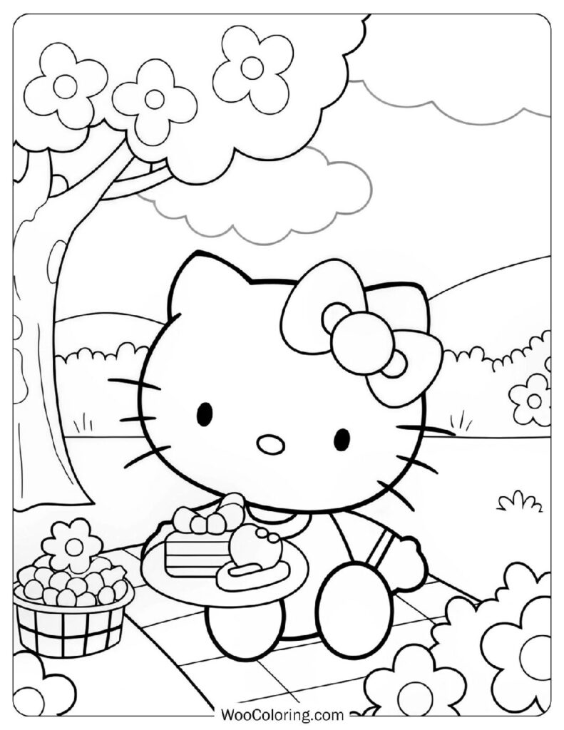Relaxed Hello Kitty Enjoying Picnic Coloring Picture