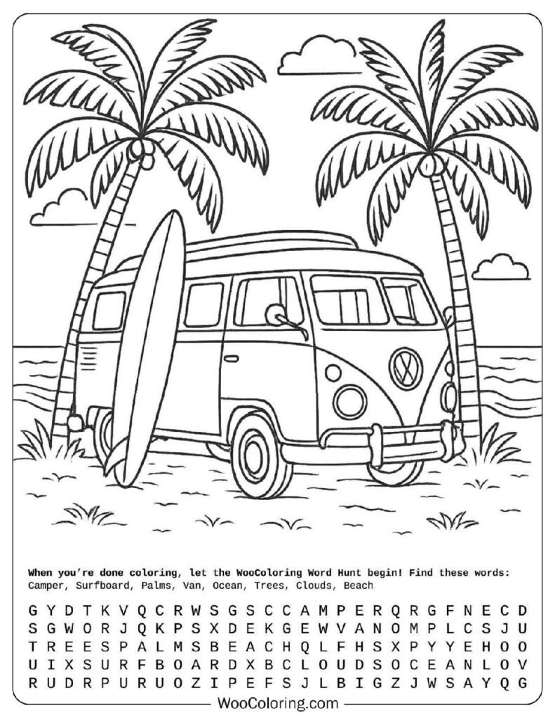Summer coloring page of vintage van and surfboard parked by palm trees on tropical beach