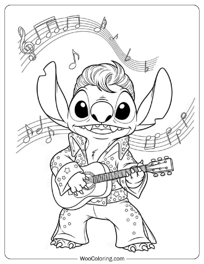 Retro Elvis-Inspired Stitch Coloring Sheet for Kids