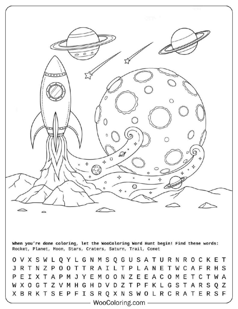 Retro Rocket Blasting Off by the Crescent Moon Coloring Page